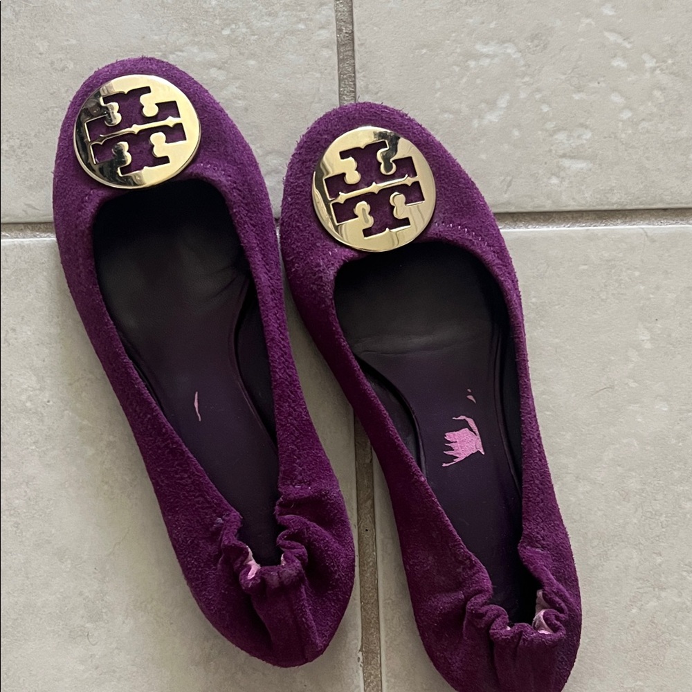 Tory Burch Gold Logo Purple Flats